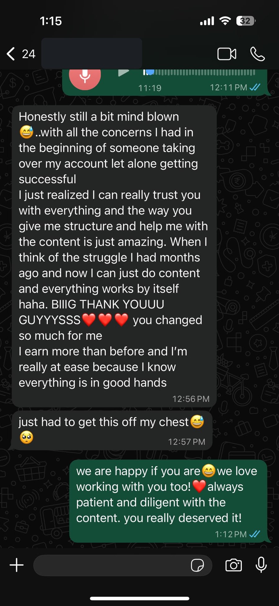 WhatsApp message from a creator on the roster